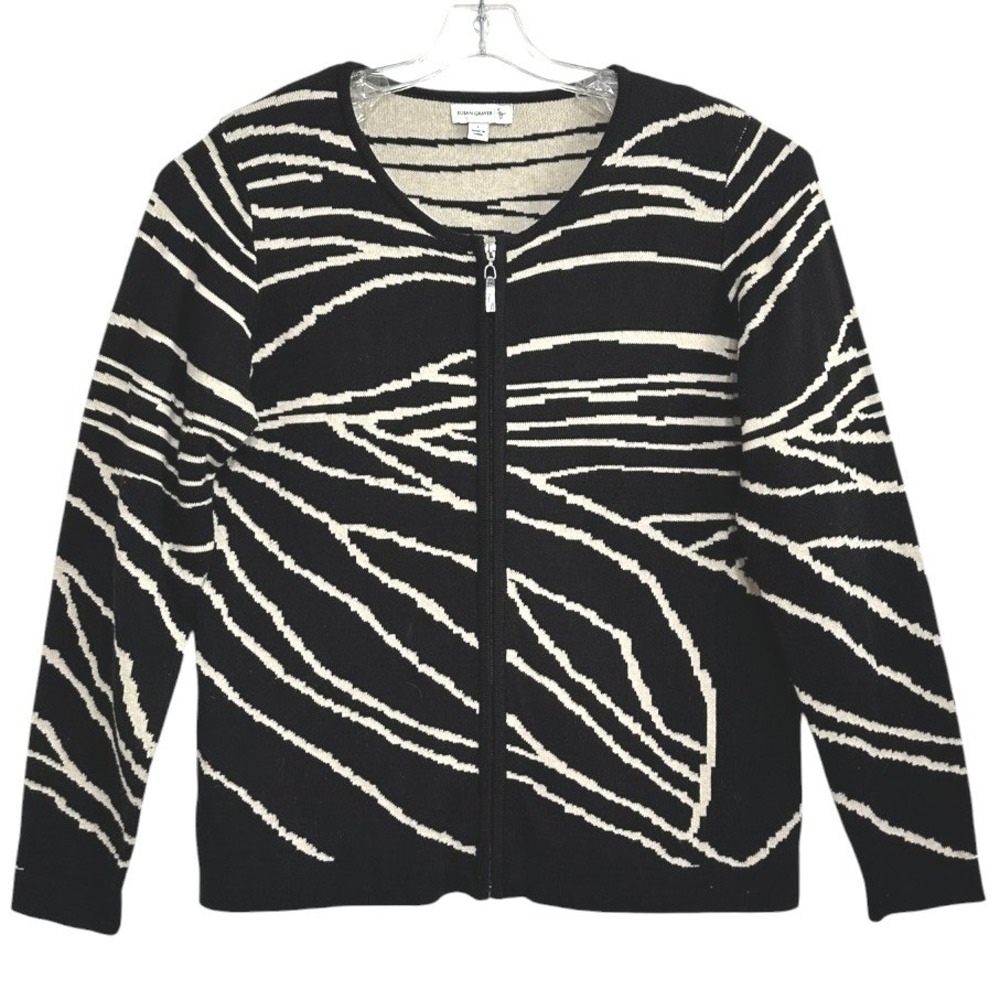 Susan Graver Cardigan Women Black Cream‎ Abstract Zebra Zip Front Mobwife L